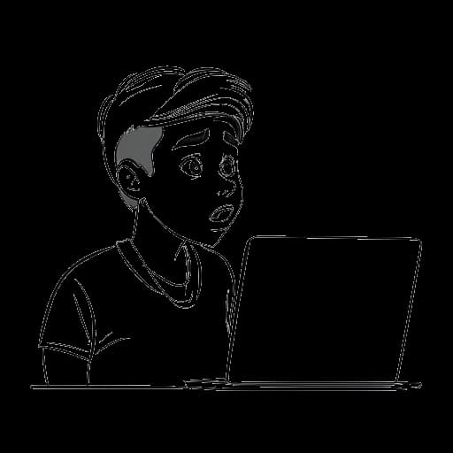 Dibujo de línea de un niño, representando a Adam McIntyre, viendo un video de Ariana Grande y reaccionando con sorpresa.