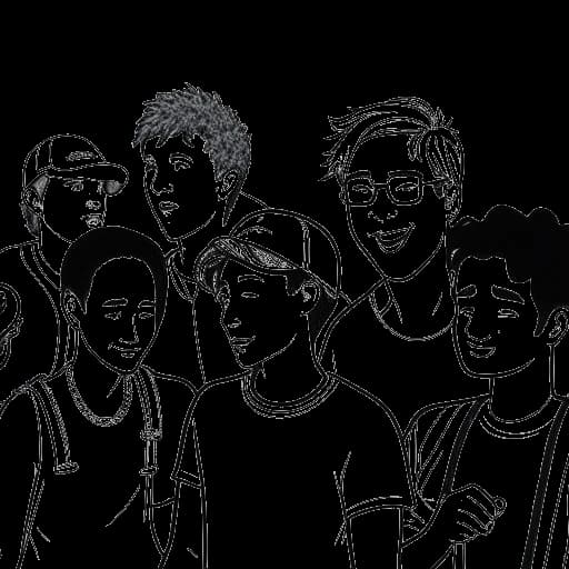 Dibujo de línea de un niño, representando a Adam McIntyre, interactuando con otros YouTubers populares.