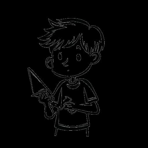 Dibujo de línea de un niño, representando a Adam McIntyre, sosteniendo un diario cerrado con un signo de interrogación.