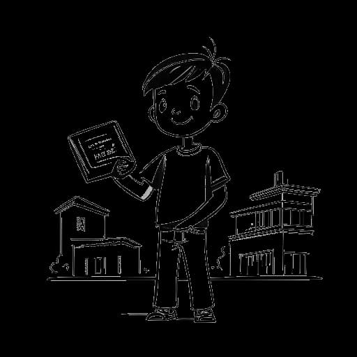 Dibujo de línea de un niño, representando a Adam McIntyre, sosteniendo un premio de reproducción de YouTube y mirando hacia atrás a un edificio escolar.