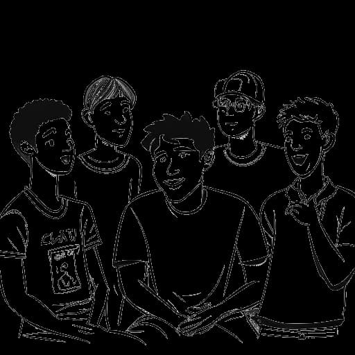Dibujo de línea de un niño, representando a Adam McIntyre, discutiendo temas de tendencia con un grupo de YouTubers.