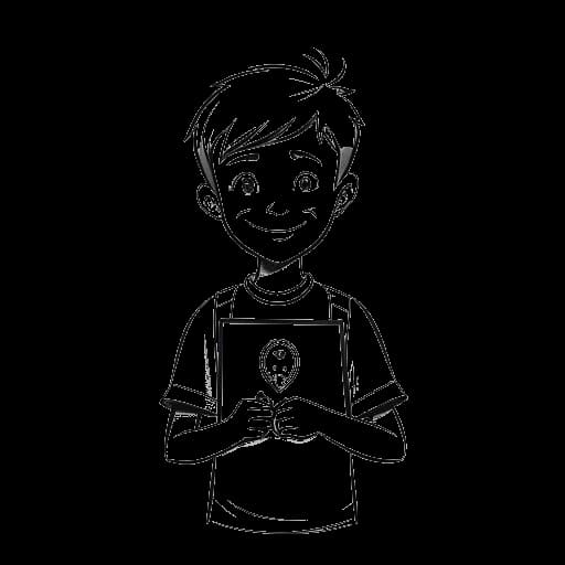 Dibujo de línea de un niño, representando a Adam McIntyre, sosteniendo un premio de reproducción de YouTube con un gran número de visualizaciones mostrado.