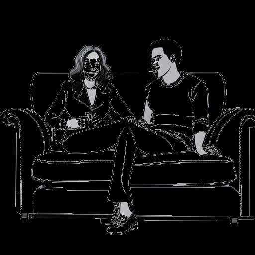 Dibujo de línea de un niño, representando a Adam McIntyre, sentado en un sofá de programa de entrevistas con Wendy Williams.