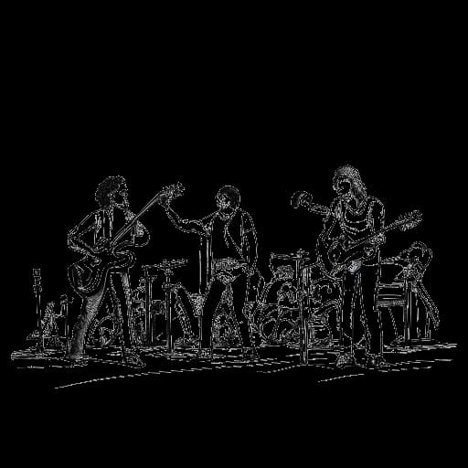 Disegno in stile line art di tre musicisti che rappresentano Katja Krasavice, Saweetie e Doja Cat, che si esibiscono insieme su un palco, con il pubblico che applaude.