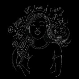 Disegno in stile line art di una donna che rappresenta Katja Krasavice, che tiene un libro e un microfono, con note musicali e simboli di libri intrecciati sullo sfondo.