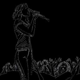 Disegno in stile line art di una donna che rappresenta Katja Krasavice, che tiene un microfono e si esibisce su un palco, con una folla che applaude sullo sfondo.