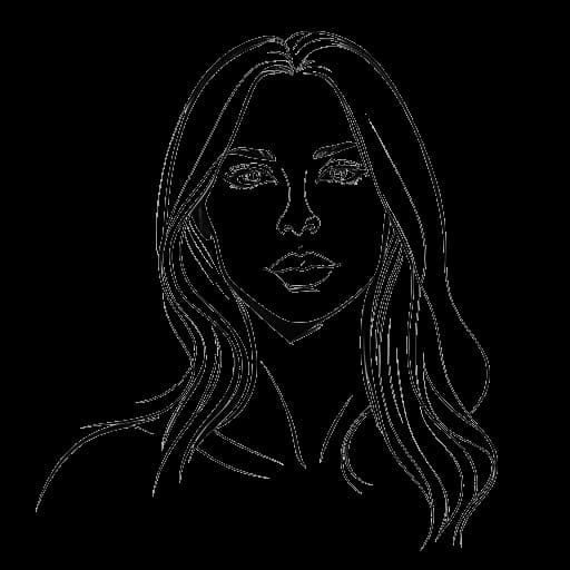 Disegno in stile line art di una donna che rappresenta Katja Krasavice, con lunghi capelli biondi e un'espressione sicura.