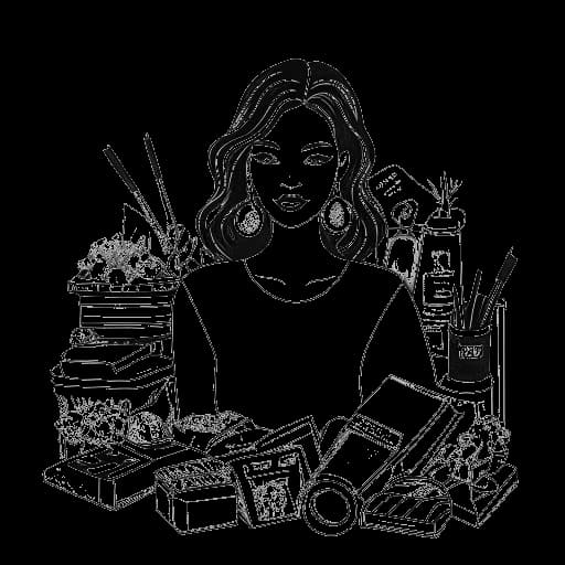 Disegno in stile line art di una donna che rappresenta Katja Krasavice, circondata da trucchi e oggetti di moda, con in mano un fascio di soldi.