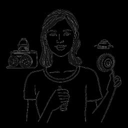 Disegno in stile line art di una donna che rappresenta Katja Krasavice, che parla con sicurezza di fronte a una telecamera, con icone di YouTube sullo sfondo.