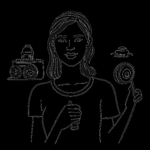 Disegno in stile line art di una donna che rappresenta Katja Krasavice, che parla con sicurezza di fronte a una telecamera, con icone di YouTube sullo sfondo.