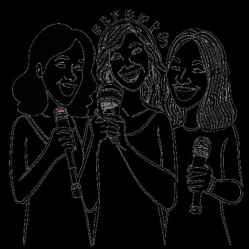 Dessin en ligne de trois femmes, représentant Katja Krasavice, Saweetie et Doja Cat, tenant des microphones, avec les mots 'Best Friend' en arrière-plan.