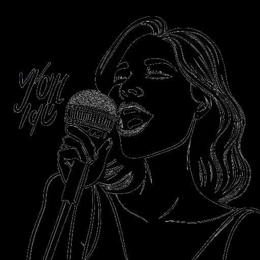 Dessin en ligne d'une femme, représentant Katja Krasavice, tenant un microphone, avec les mots 'You're My Heart, You're My Soul' en arrière-plan.