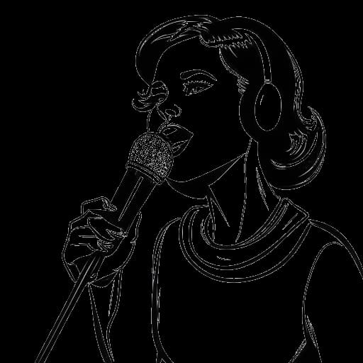 Dessin en ligne d'une femme, représentant Katja Krasavice, tenant un microphone, avec les chiffres 7 et 5 en arrière-plan, symbolisant le succès de son premier single 'Doggy'.