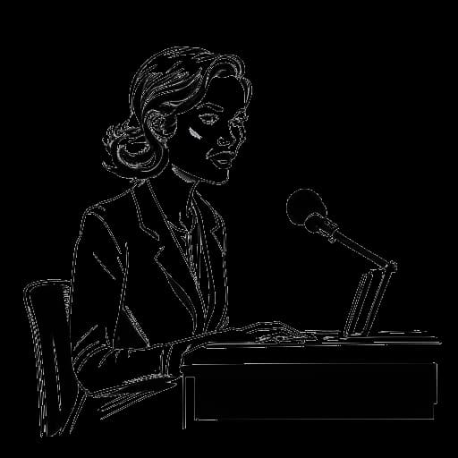 Dessin en ligne d'une femme, représentant Katja Krasavice, assise à un panel de juges, avec un microphone devant elle, symbolisant son rôle de juge sur Deutschland sucht den Superstar.