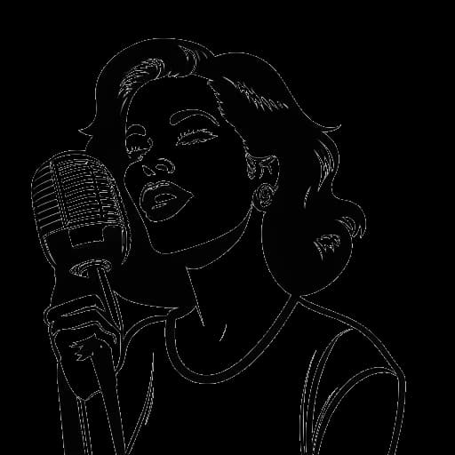 Dessin en ligne d'une femme, représentant Katja Krasavice, tenant un microphone, avec le logo de Warner Music Group en arrière-plan, symbolisant sa transition vers une carrière musicale.