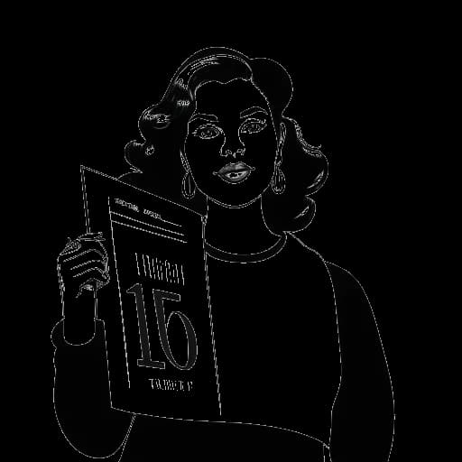 Dessin en ligne d'une femme, représentant Katja Krasavice, tenant un panneau avec le numéro 1, avec la pochette de l'album 'Eure Mami' en arrière-plan.