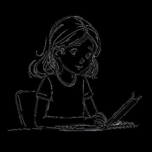 Line art drawing of a young girl, representing Lola Brooke, writing songs in a notebook with a hopeful expression.