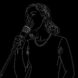 Disegno in stile line art di una donna, rappresentante Cathy Hummels, che tiene un microfono e sta reportando a un importante evento sportivo, simboleggiando la sua svolta come influencer su uno sfondo bianco.