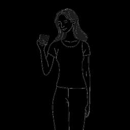Disegno in stile line art di una donna, rappresentante Cathy Hummels, che sta con fiducia con uno smartphone, simboleggiando il suo successo come influencer e la sua app per workout su uno sfondo bianco.