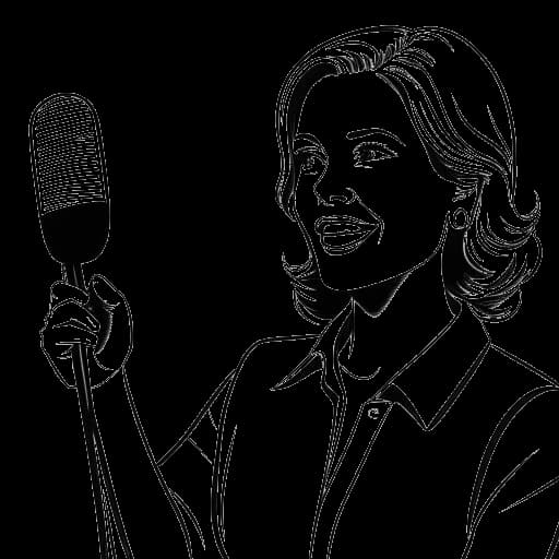 Dessin en ligne d'une femme tenant un microphone avec un arrière-plan sportif, représentant Cathy Hummels animant Cathy unterwegs sur Sky Sports.