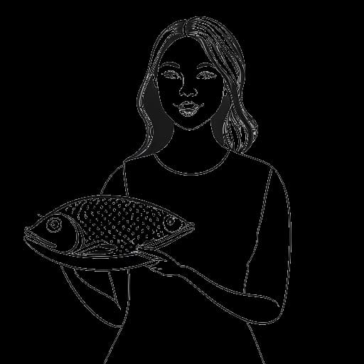 Dessin en ligne d'une femme tenant un plat végétalien et un poisson, représentant le régime alimentaire de Cathy Hummels.
