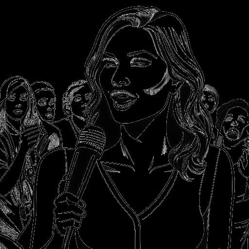 Dessin en ligne d'une femme tenant un microphone avec des stars de la téléréalité en arrière-plan, représentant Cathy Hummels animant Kampf der Realitystars.