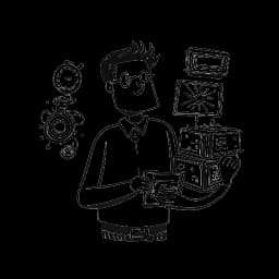 Dessin en ligne d'un homme tenant une pile de boîtes de logiciels de montage vidéo, représentant Whang!. Il a une bulle de pensée avec des rouages tournants et un chronomètre, symbolisant la gestion du temps. Le tout sur fond blanc.