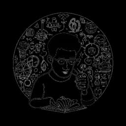 Dessin en ligne d'un homme tenant une loupe, représentant Whang!. Il est entouré de pièces de puzzle et de symboles liés à internet, le tout sur fond blanc.