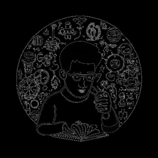 Dessin en ligne d'un homme tenant une loupe, représentant Whang!. Il est entouré de pièces de puzzle et de symboles liés à internet, le tout sur fond blanc.