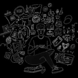 Dessin en ligne d'un homme tenant un microphone, représentant Whang!. Il est assis devant un décor contenant des logos YouTube tout en étant entouré de bulles de texte contenant des termes liés à internet, le tout sur fond blanc.