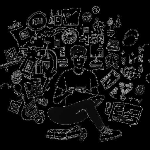 Dessin en ligne d'un homme tenant un microphone, représentant Whang!. Il est assis devant un décor contenant des logos YouTube tout en étant entouré de bulles de texte contenant des termes liés à internet, le tout sur fond blanc.