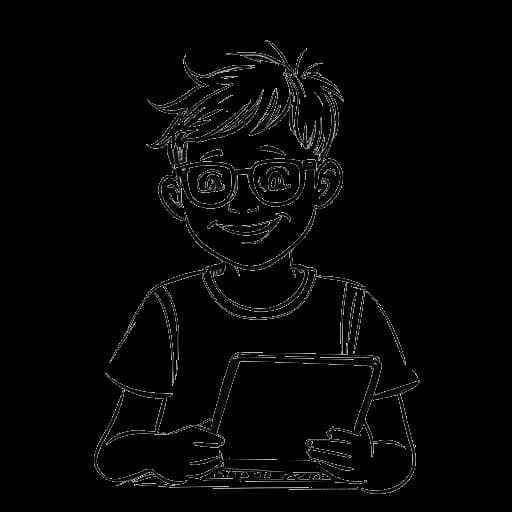 Dibujo lineal de un niño, representando a Whang!, con gafas, rodeado de dispositivos digitales como una computadora, consola de videojuegos y televisión.