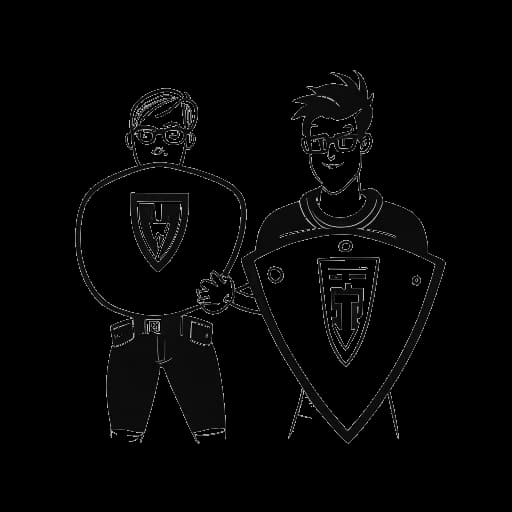 Dibujo lineal de un hombre, representando a Whang!, con gafas, sosteniendo un escudo con el logotipo de YouTube, defendiéndose contra un hombre con un blog.