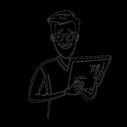 Dibujo lineal de un hombre, representando a Whang!, con gafas, sosteniendo una claqueta etiquetada como 'Tales from the Internet'.