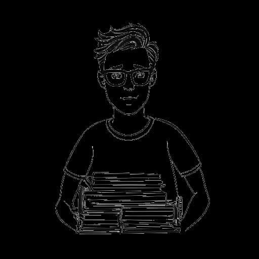 Dibujo lineal de un hombre, representando a Whang!, con gafas, sosteniendo una pila de libros con diversos temas de internet.