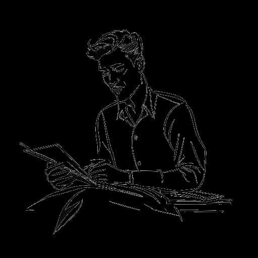 Strichzeichnung eines Mannes, der Matthias 'TC' Roll darstellt, vertieft in Schauspielerei und Autorschaft, was seinen Abschied von YouTube und seine Erkundung verschiedener kreativer Bereiche widerspiegelt.