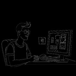 Strichzeichnung eines Mannes, der Matthias 'TC' Roll darstellt, der digitale Inhalte vor einem Computerbildschirm erstellt. Die Szene zeigt auch einen rapide steigenden YouTube-Abonnentenzähler.
