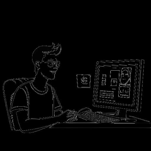 Strichzeichnung eines Mannes, der Matthias 'TC' Roll darstellt, der digitale Inhalte vor einem Computerbildschirm erstellt. Die Szene zeigt auch einen rapide steigenden YouTube-Abonnentenzähler.