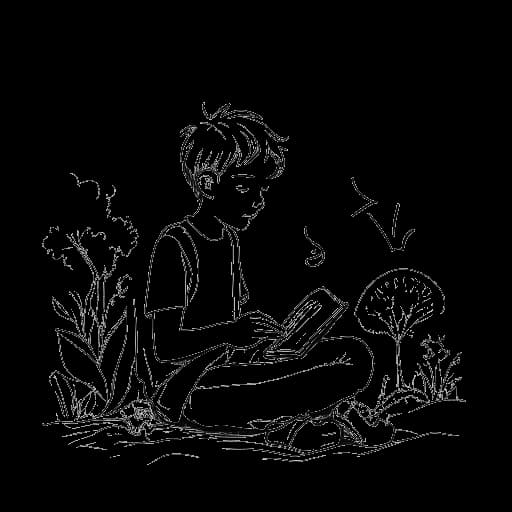 Strichzeichnung eines jungen Jungen, der Matthias 'TC' Roll darstellt, der fleißig lernt und Kreativität in der friedlichen Umgebung von Hilpoltstein erkundet.