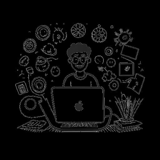 Strichzeichnung eines Mannes, symbolisiert Matthias Roll, der vor einem Laptop sitzt, umgeben von repräsentativen Symbolen für Filmrolle, Buch, Musiknote und lachenden Emojis, die seine vielfältigen Einnahmequellen darstellen.