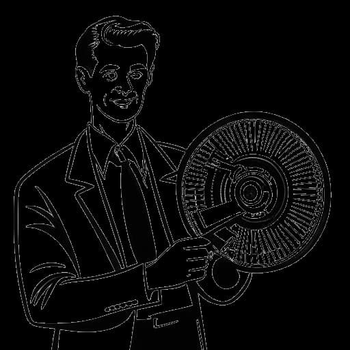 Strichzeichnung eines Mannes, der Matthias Roll darstellt, einen Filmklappenhalter haltend, mit einem Filmstreifen und Filmplakaten im Hintergrund, auf weißem Hintergrund.