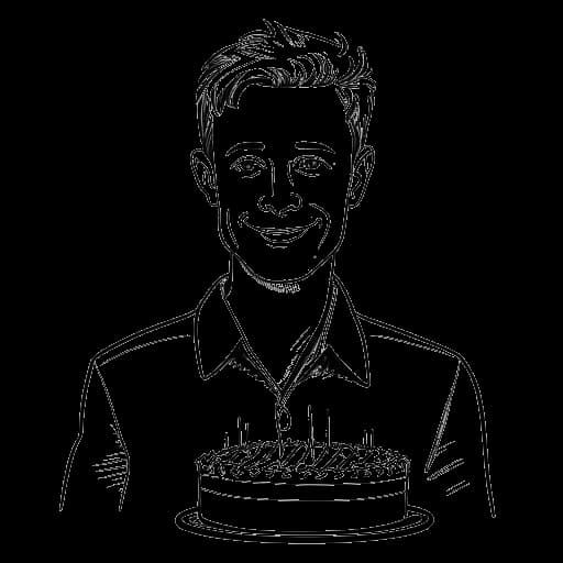 Strichzeichnung eines Mannes mit kurzem Haar, der Matthias Roll darstellt, ein lässiges Hemd trägt, einen Geburtstagskuchen mit einer deutschen Flagge im Hintergrund hält, auf weißem Hintergrund.