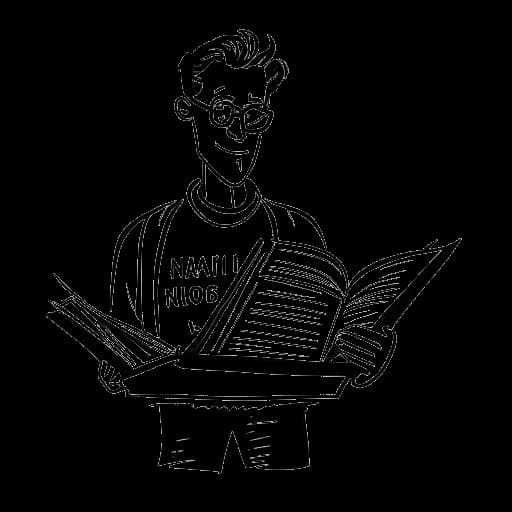 Strichzeichnung eines Mannes, der Matthias Roll darstellt, der einen Stift und zwei Bücher hält, mit den Titeln 'NICHT-Buch' und 'Das Buch YOLO' im Hintergrund, auf weißem Hintergrund.