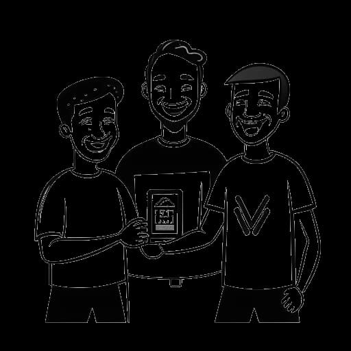 Strichzeichnung von drei Männern, die lächeln und Hände schütteln, Matthias Roll und seine Y-Titty-Mitbegründer darstellend, mit einem Filmklappenhalter und einem YouTube-Logo im Hintergrund, auf weißem Hintergrund.