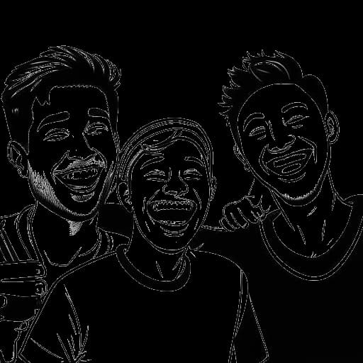 Strichzeichnung eines Mannes, der mit zwei anderen Personen lacht, Matthias Roll und anderen YouTubern darstellend, mit einer Kamera und einem YouTube-Logo im Hintergrund, auf weißem Hintergrund.