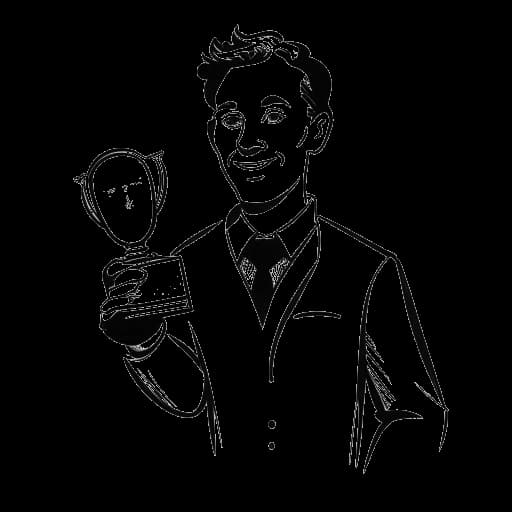 Strichzeichnung eines Mannes, der Matthias Roll darstellt, der einen Preis hält, mit einer Musiknote und dem Wort 'Echo' im Hintergrund, auf weißem Hintergrund.