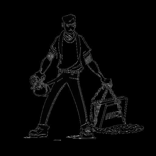 Strichzeichnung eines Mannes, der Ketten zerreißt, Matthias Roll darstellend, mit einem YouTube-Logo und einem Koffer im Hintergrund, auf weißem Hintergrund.