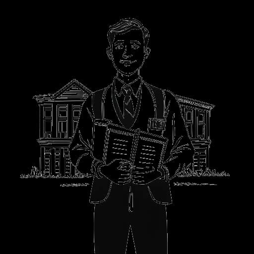 Strichzeichnung eines Mannes in Schuluniform, der Matthias Roll darstellt, der Bücher hält, mit einem Schulgebäude im Hintergrund, auf weißem Hintergrund.