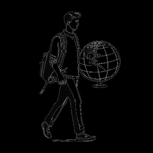 Strichzeichnung eines Mannes, der Matthias Roll darstellt, der einen Rucksack und einen Koffer hält, mit einem Globus und einem Flugzeug im Hintergrund, auf weißem Hintergrund.