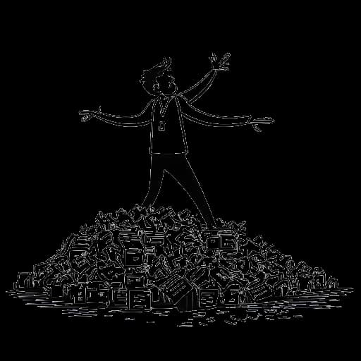 Strichzeichnung eines Mannes, der Matthias Roll darstellt, der sich von einem Geldstapel entfernt, mit einem YouTube-Logo und dem Wort 'Genuss' im Hintergrund, auf weißem Hintergrund.